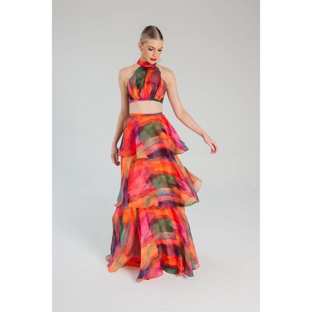 Luxxel Crop Top and Maxi Skirt Set - in Aquarelle Print size S Preloved - Picture 3 of 8